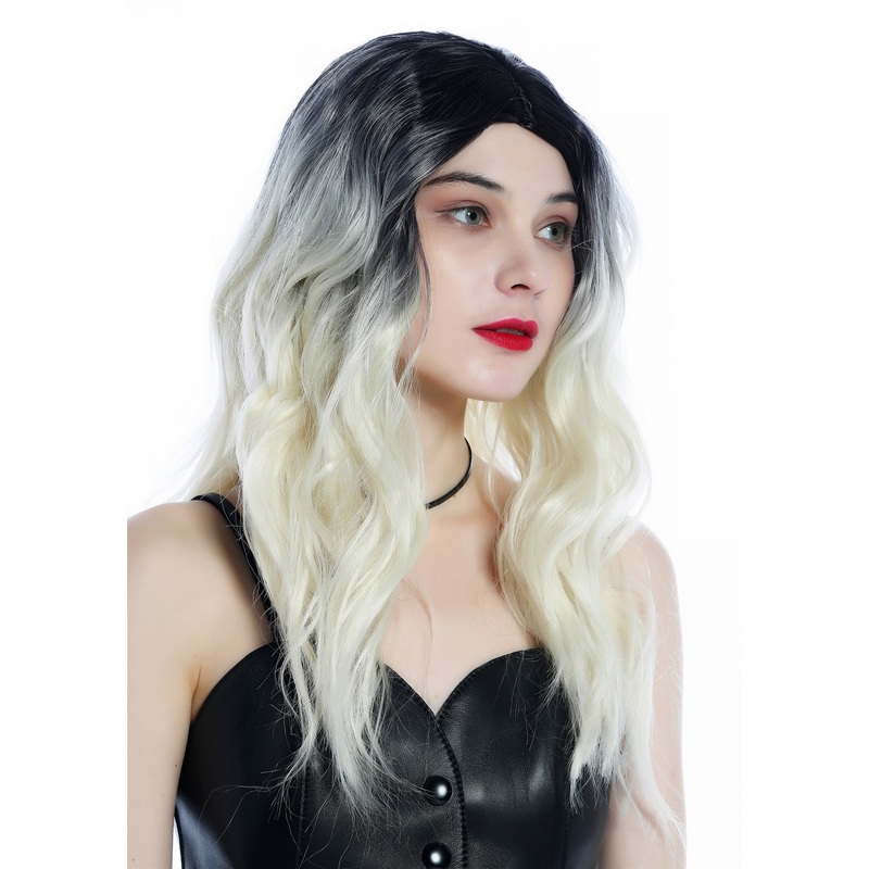 Women’s wig long wild wavy parting ombre black to bright blonde ZM-1026