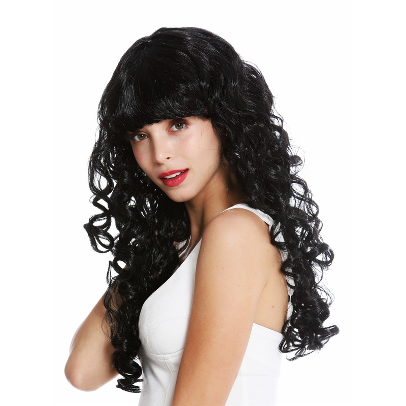 Lady party wig carnival Halloween long curls curly voluminous fringe black 0082