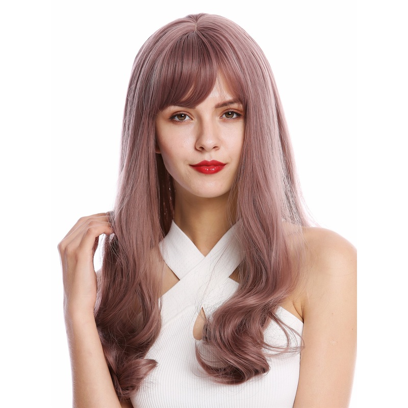 Lady Wig long straight slighly curled curved tips bangs fringe dark pink D048