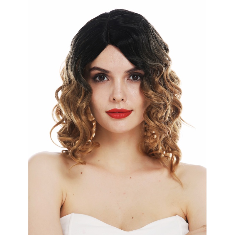 Lady wig shoulder length wavy parting ombre balayage black blonde brown MS9026