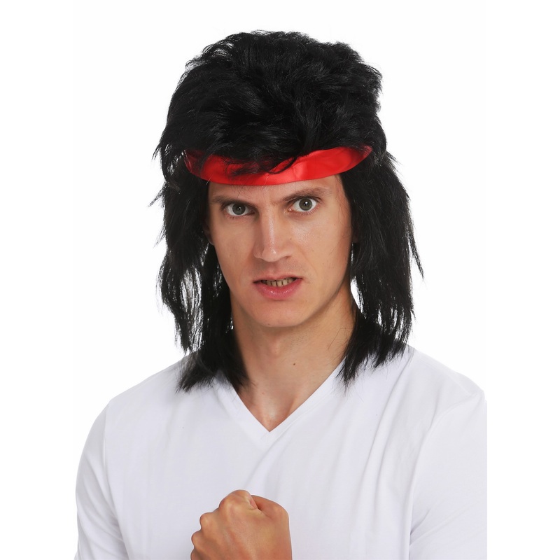 Wig & head band men long black mullet 80’s action star fighter Kung Fu SARL001
