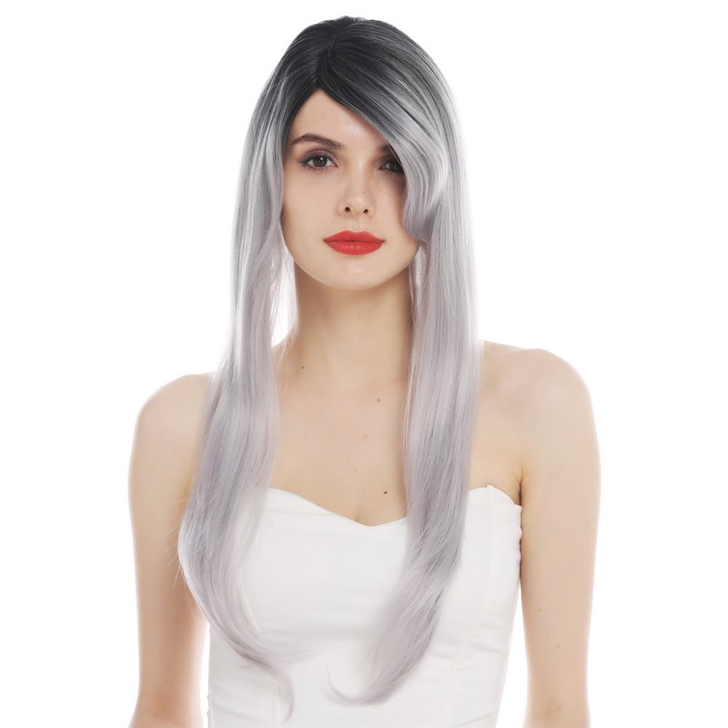 Women’s wig ladies long sleek ombre black grey side parting RGF-6470C