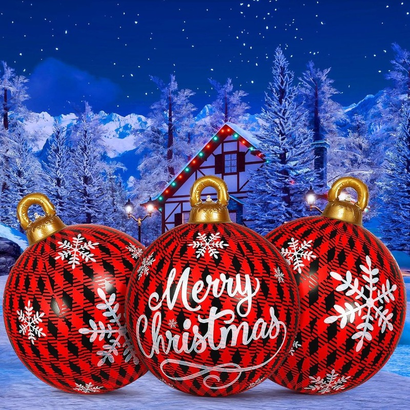 24 Inch Inflatable Christmas Ball Giant Christmas PVC Decorated Ball Red Plaid Large Christmas Inflatables Ornaments Outdoor Decorations Blow up Yard