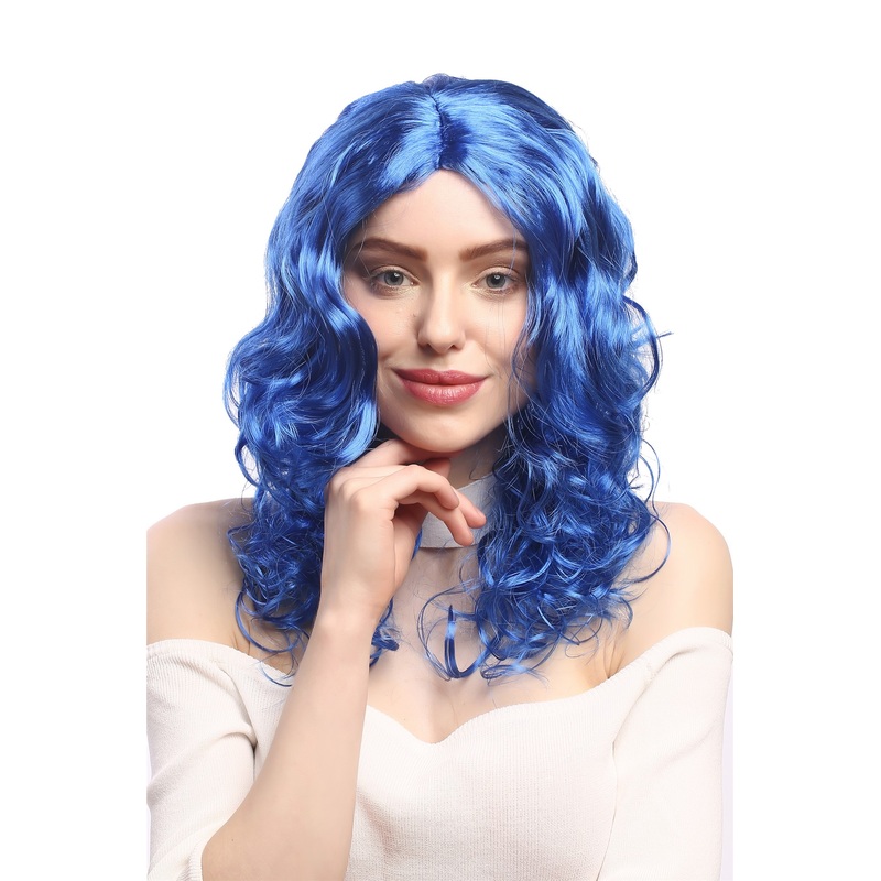 Lady Party Wig long very voluminous curly curls middle-parting blue XR-010-PC3