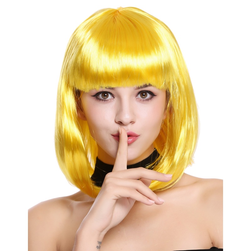 Lady Wig Halloween Carnival Disco bob longbob shoulder length bangs yellow 0073