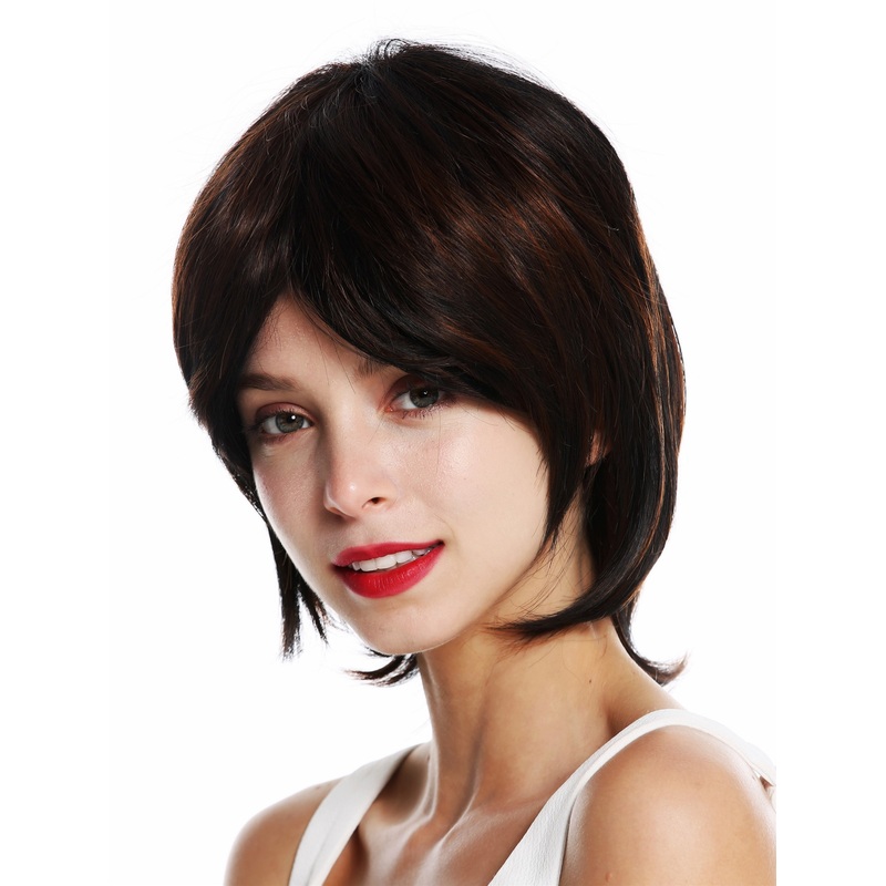 Lady wig short wavy parting layered black highlighted copper brown ETW7098A
