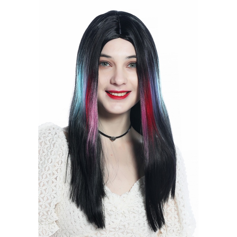 Ladies’ wig long smooth straight middle-parting black rainbow streaks DW3314A