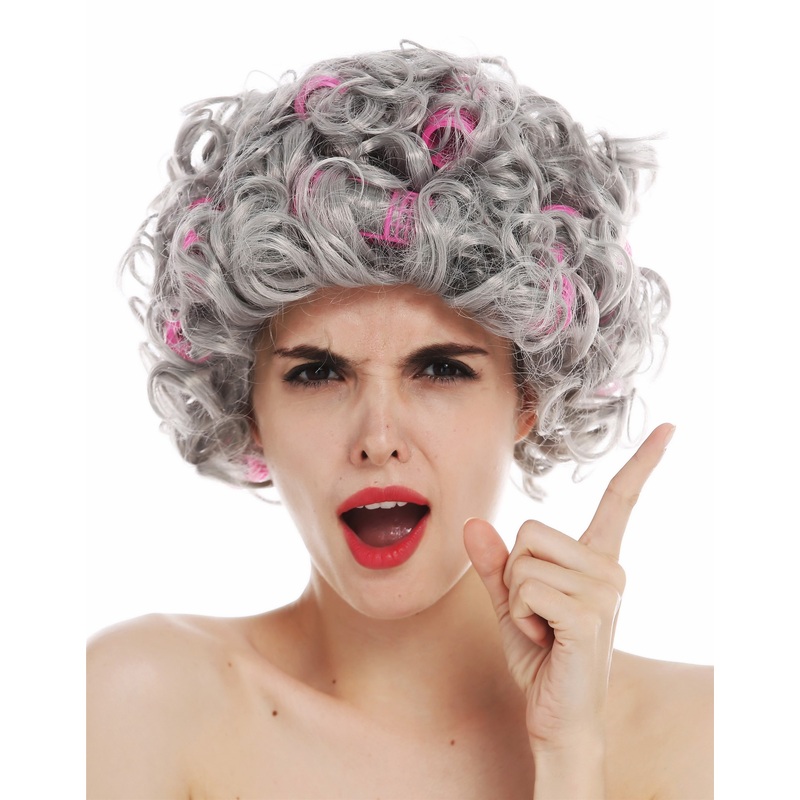 Women’s wig Halloween gray grey curls curly hair roller grandmother granny 3195