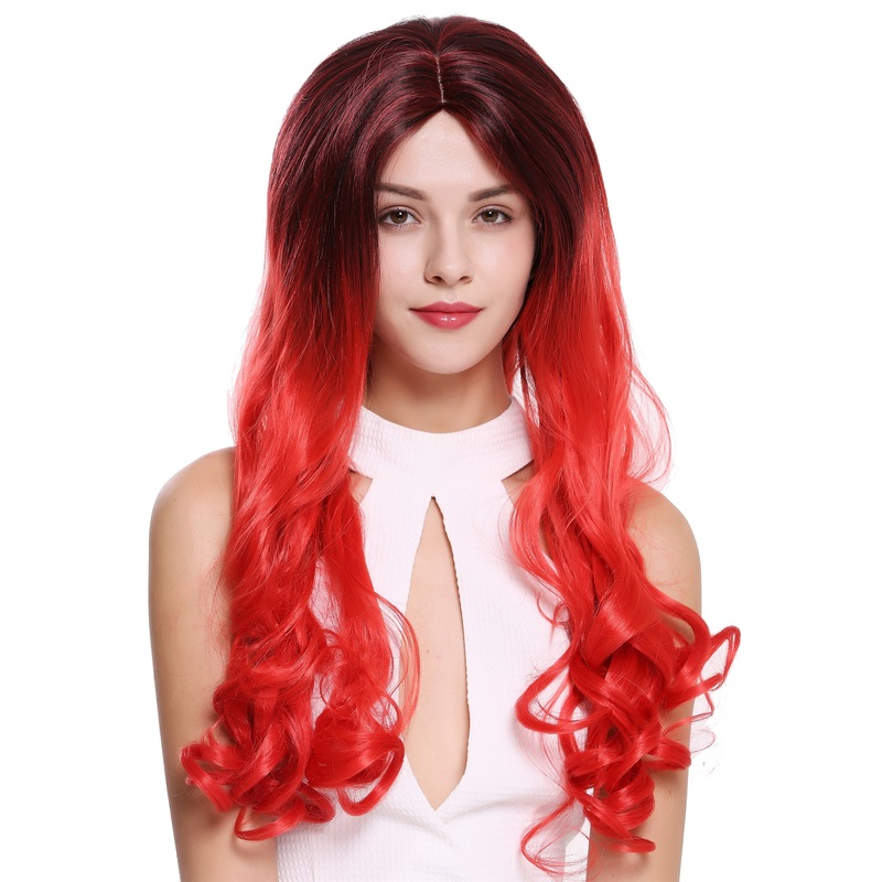 ZM-1707-1BT113 Lady  Wig Long Smooth Curled Tips Middle-Parting Ombre Black Red