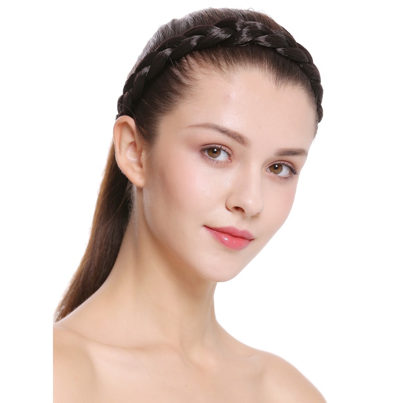 Hair band loop Alice band plaited traditional 1 inch wide dark brown CXT-007