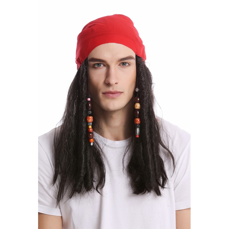 Wig & Bandana Men Women Halloween long black Pearls Pirate Rasta A72325-