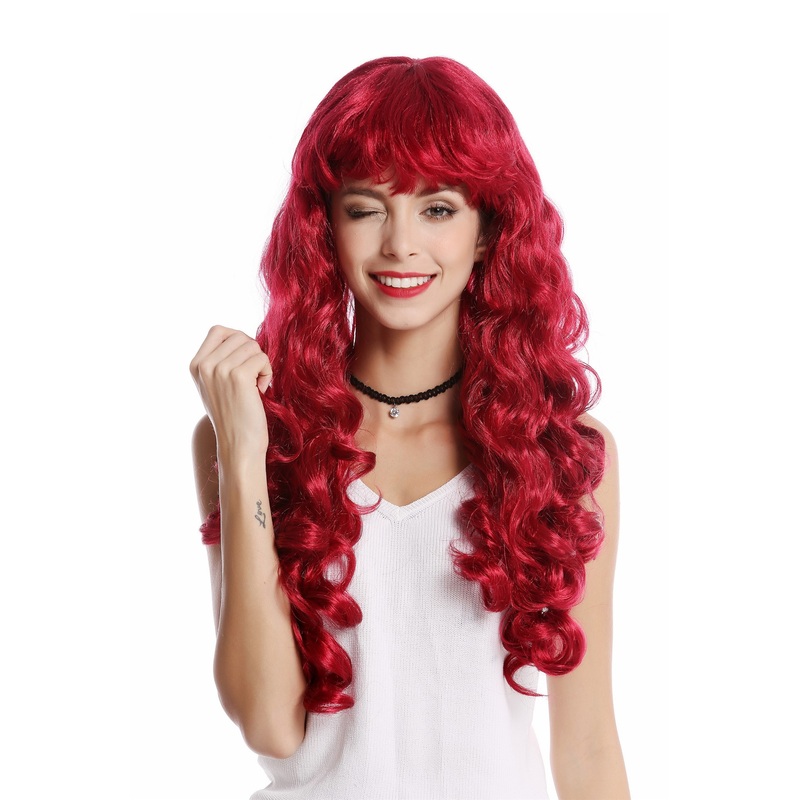 Wig Lady Women long curls curly voluminous fringe bangs red dark red 0082
