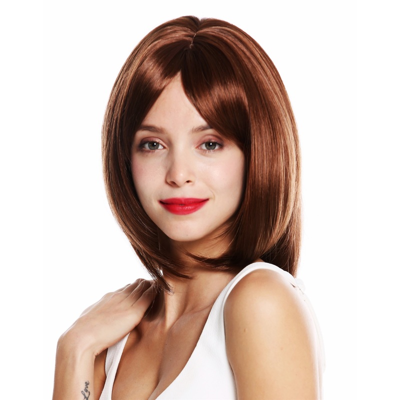 Women’s wig shoulder length layered long fringe parted light coper brown VK-48