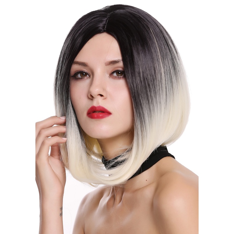 Lady Wig short Longbob middle-parting sleek ombre black platinum blond ZM-1691