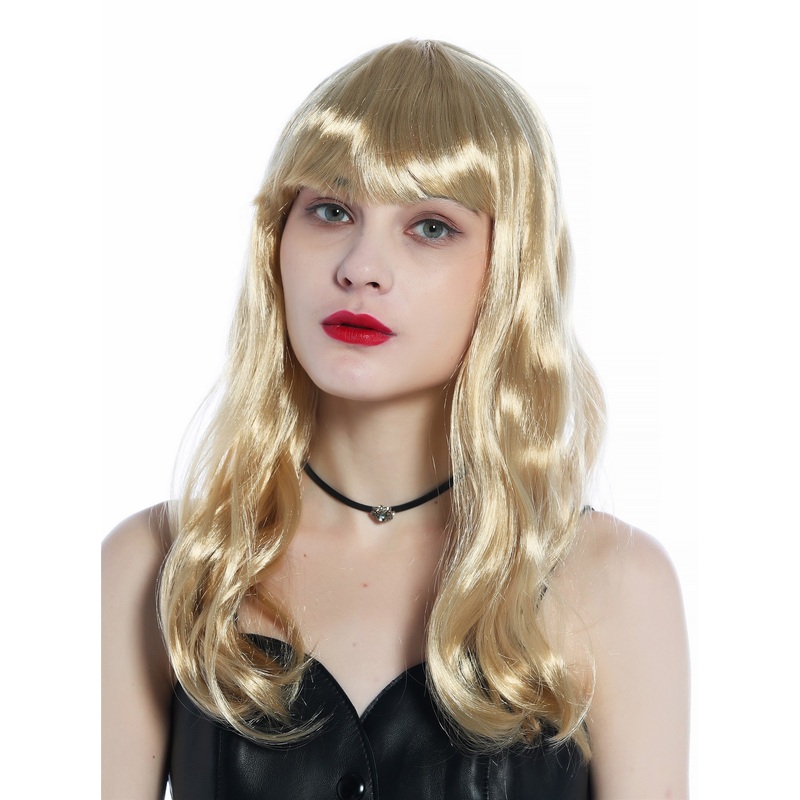 Long Slightly Wavy Women’s Wig Halloween Carnival bangs bright gold blond 210150