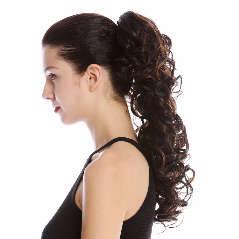 Ponytail Combs Clamp long voluminous curled chestnut brown streaked MKB-6A