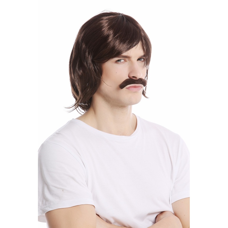 Wig & Mustache set Men Man Halloween Carnival long brown 70s cop show 91105