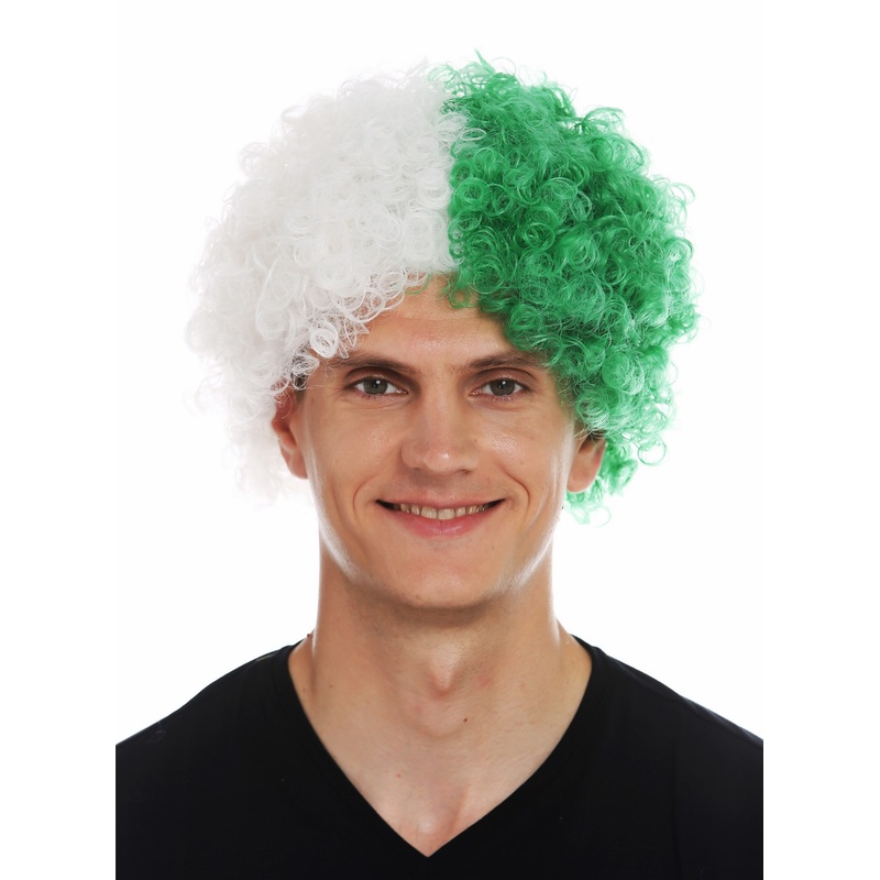Fan wig carnival afro soccer football world cup white green half half MMAM-15M