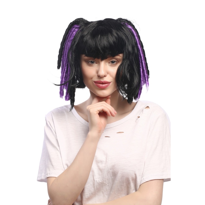 Lady Party Wig Cosplay Gothic Lolita black purple strands 2 pigtails fringe 3160