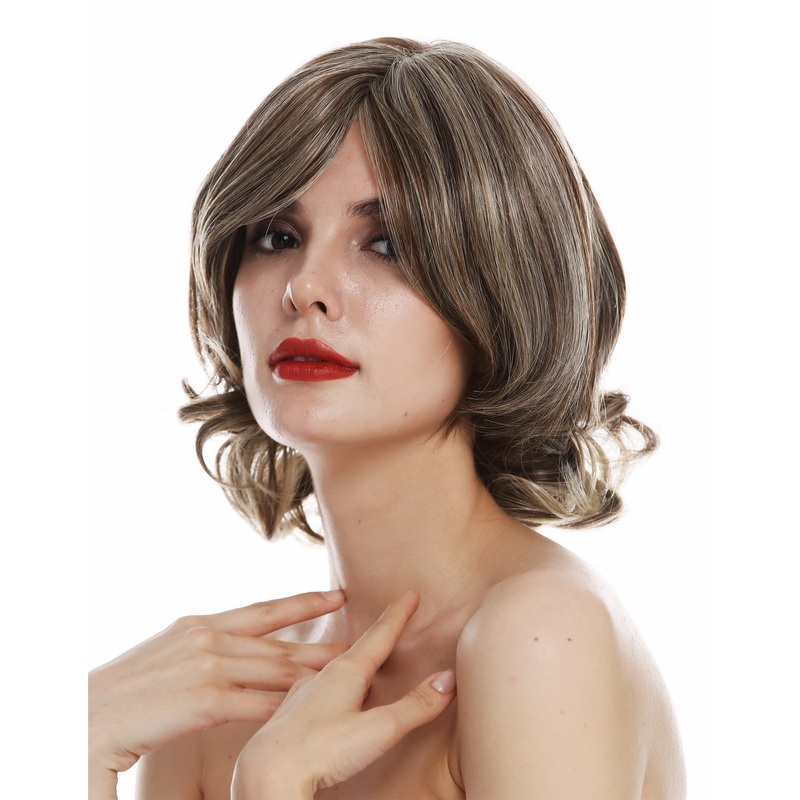 Lady wig large monofilament short wavy brown blonde highlights TYM-112-MT