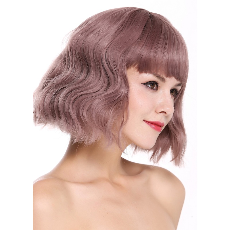 Lady wig short bangs fringe long-bob voluminous wild wavy waved pale pink DL-052