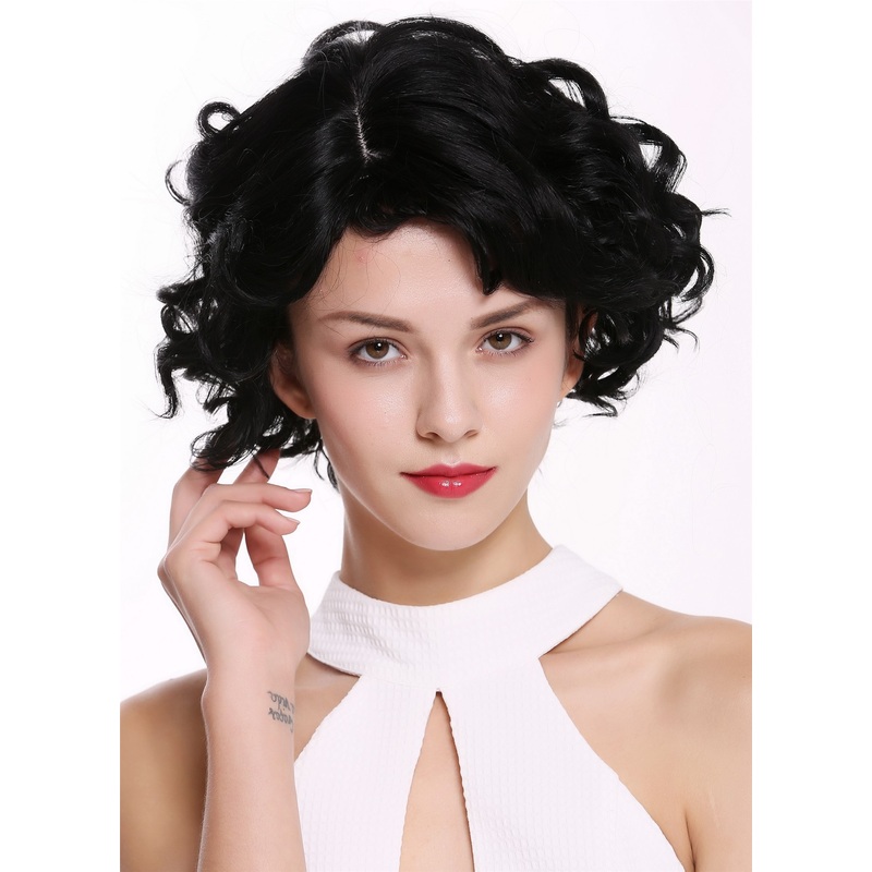 Lady women wig short wild unruly wavy curls curled deep black MINA