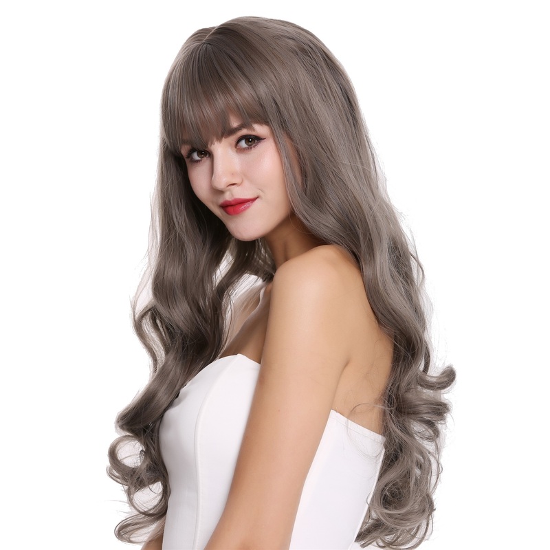 Women’s wig lady very long fringe wavy waved brown grey mix DL-049