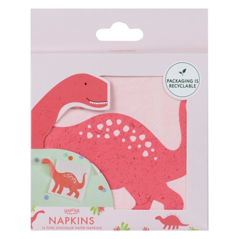 16 pink dino party napkins 16.5cm