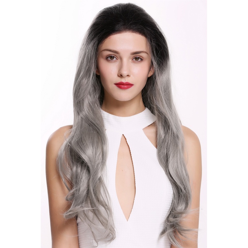 Lady wig lace front mono long straight slightly wavy ombre black grey RSK-05