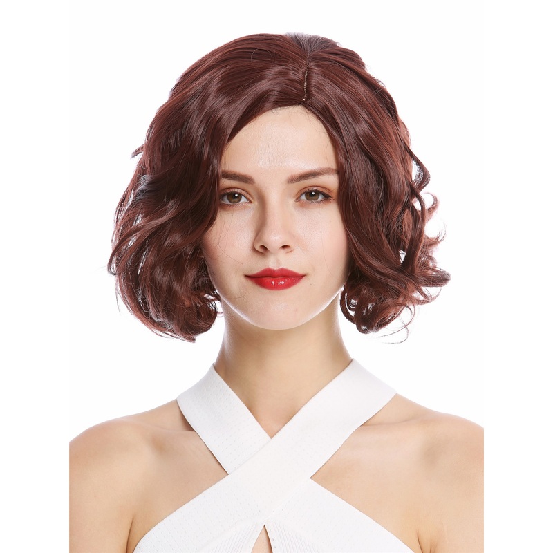 Lady wig shoulder length straight middle-parting curved mahogany brown YZF-4372