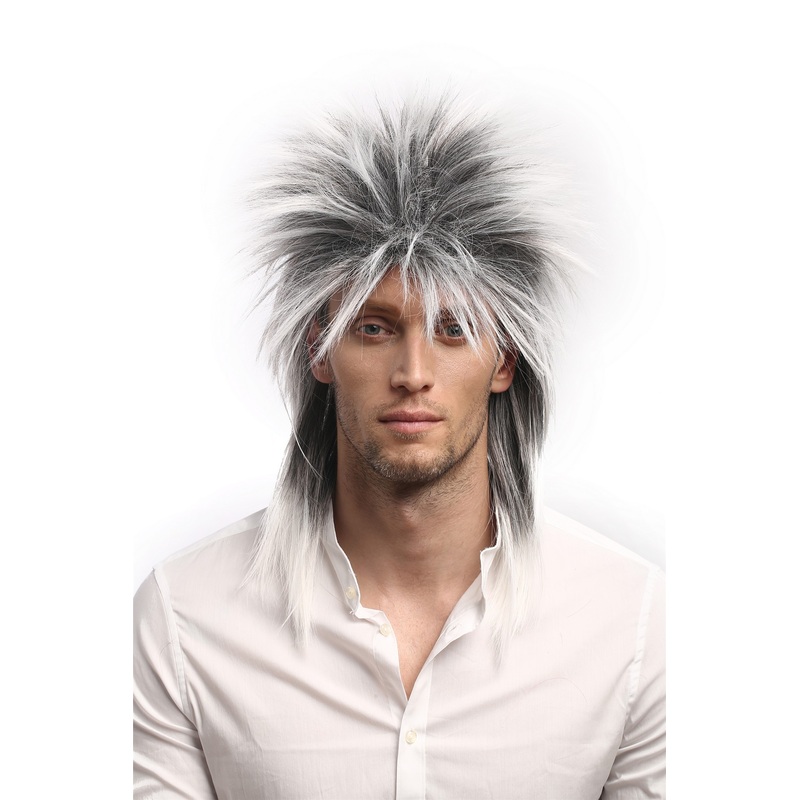 Men & Ladies Wig 80s Punk Wave Pop Star Black Grey backcombed spiky mullet 90891