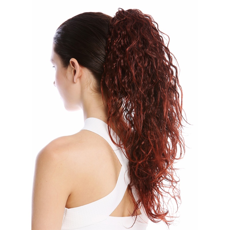 Ponytail very long voluminous curled dark brown with  red highlight tips 237-V
