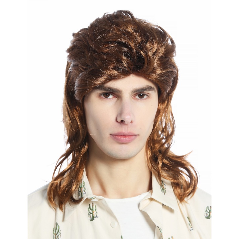 Wig Halloween Men Women mullet 80s retro bad taste teased wavy brown 210162