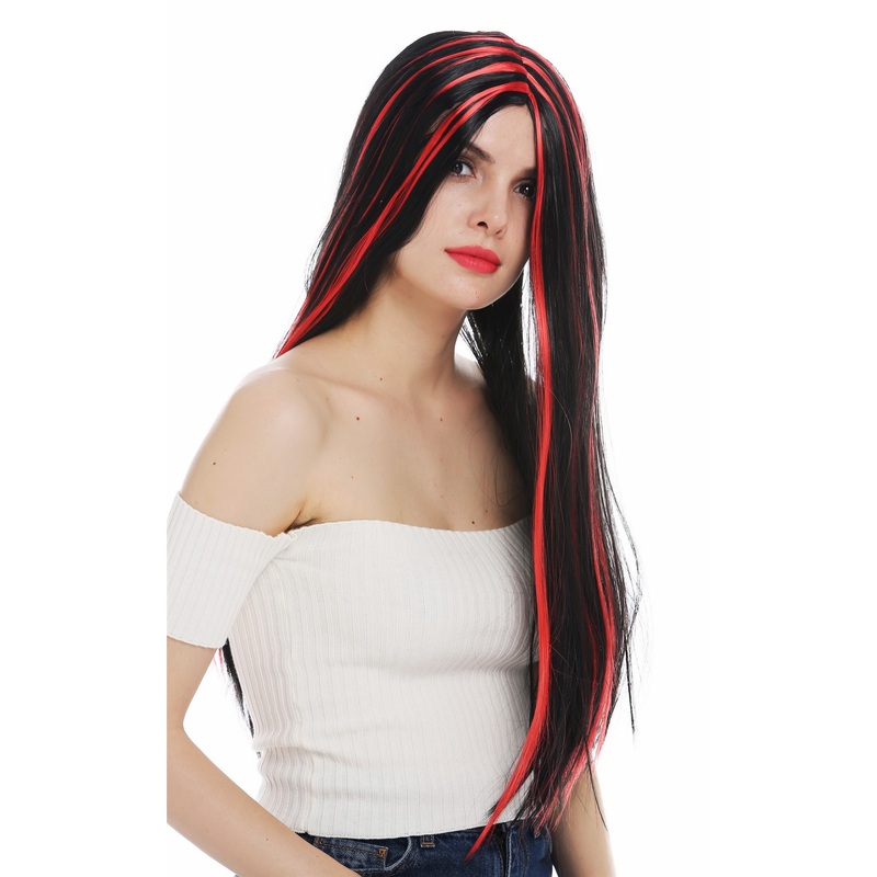 Women’s wig Halloween long sleek middle parting black red highlights devil 68036