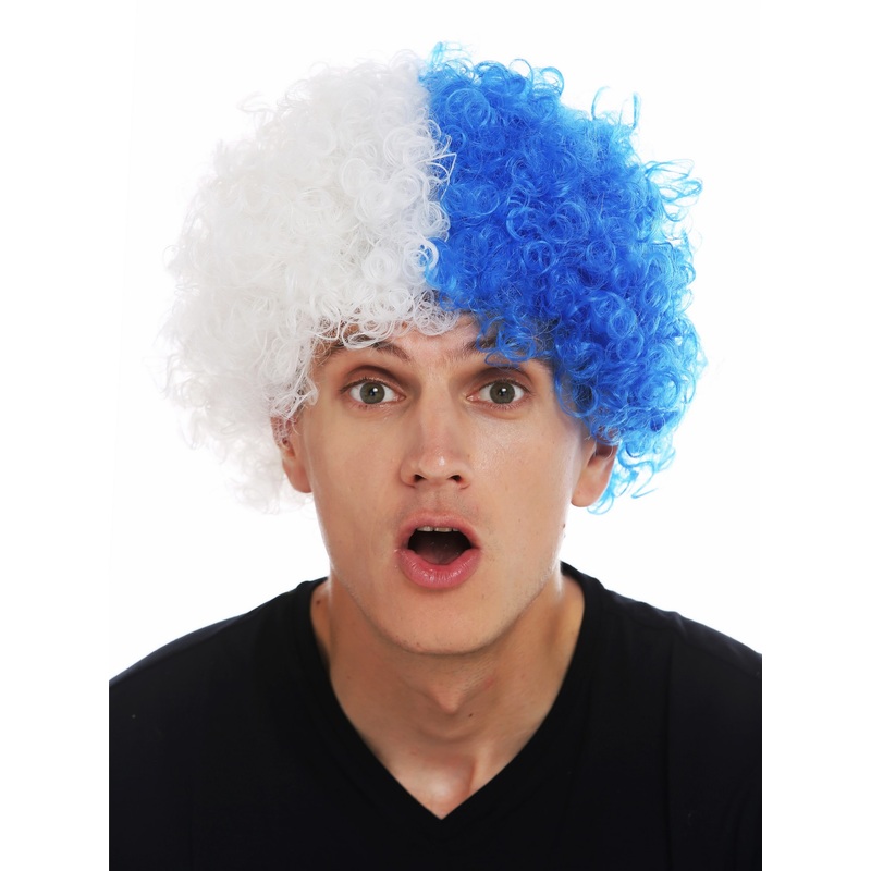 Fan wig carnival afro soccer football world cup Blue white half half MMAM-15M