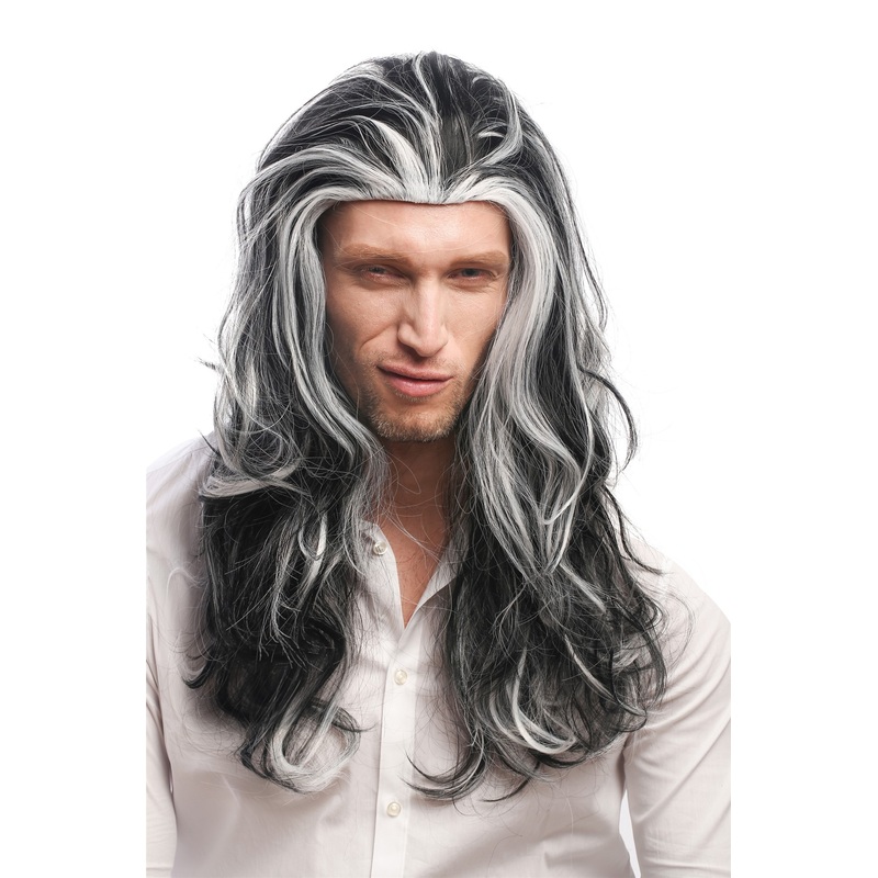 Lady Man Party Wig Halloween long wavy black grey white streaks strands 29938B