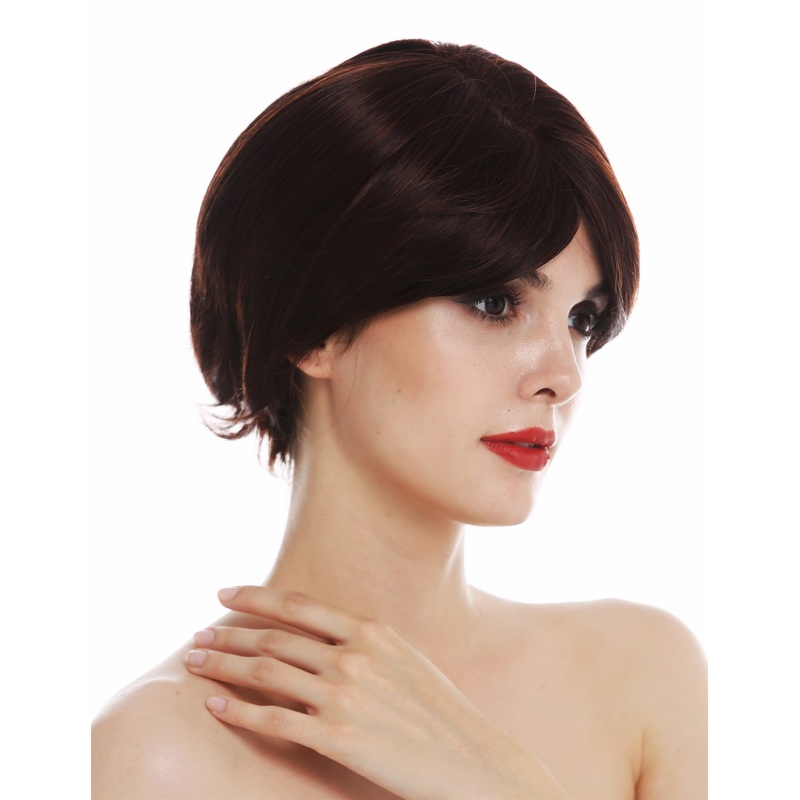 Monofilament lady wig short sleek parted brown copper red highlights CM-740-MT