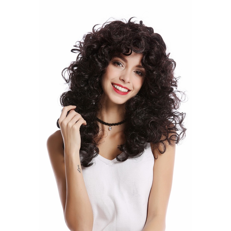 Wig Lady Women Halloween very voluminous curls curly dense black brown mix 0051