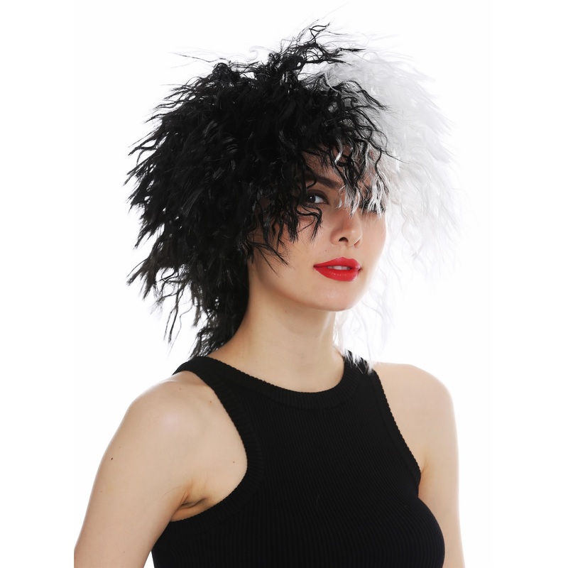 Women’s wig lady Halloween wild voluminous wavy black white half and half 30720