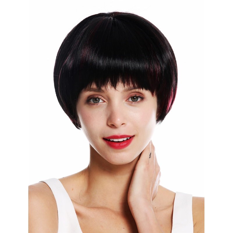 Women’s wig short sleek straight pageboy cut fringe black red highlights VK-53