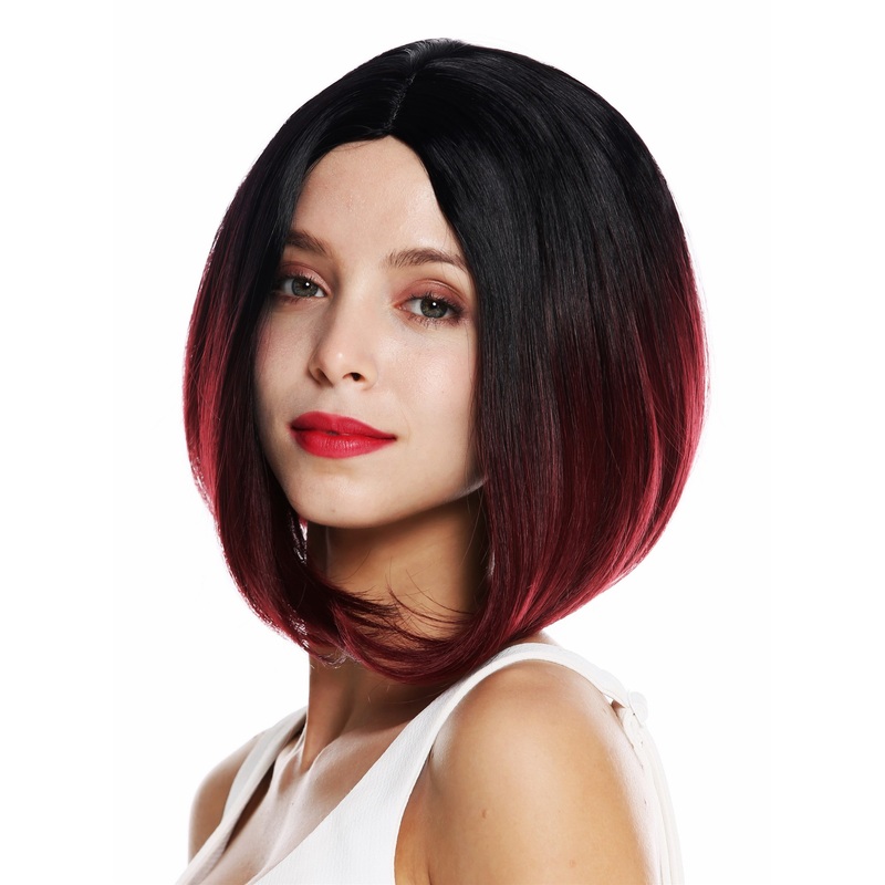 Lady women wig sleek long bob middle parting ombre short black red ZM-1782