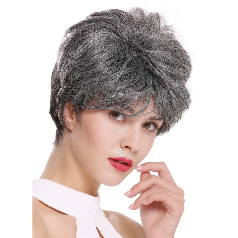 Lady Gents Man Wig short teased voluminous dark gray grey streaked mix DW2461