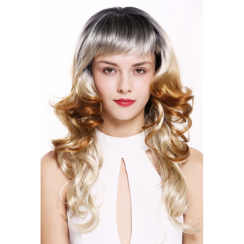 Lady women wig Long Curls Bangs Fringe curled Ombre Black + Blonde hues 1002A