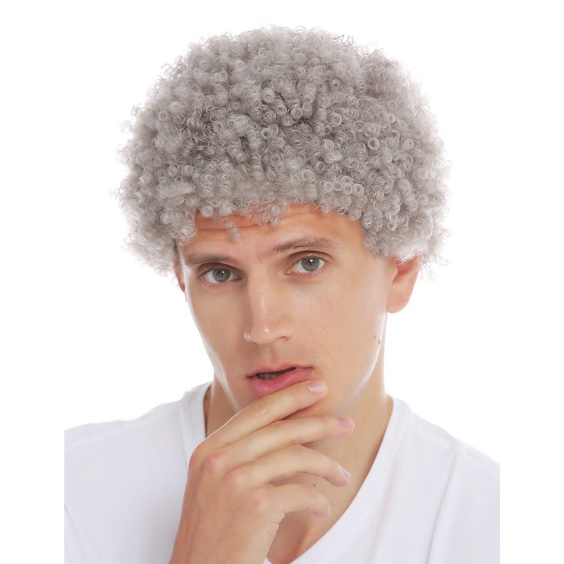 Wig carnival Halloween men women short afro frizzy curly grey gray MMAS-6M