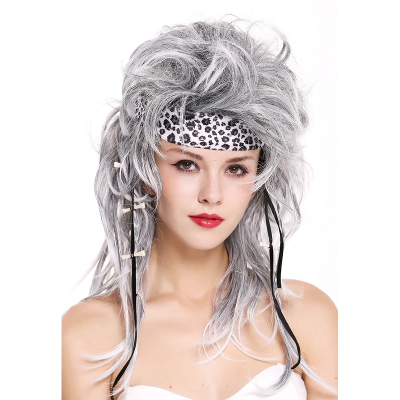 Wig wild mottled gray black headband 80s Stone Age Apocalyptic Warrior 91530