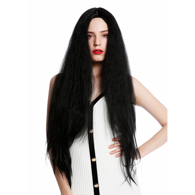 Women’s wig lady very long voluminous frizzy curls middle parting black VK-55