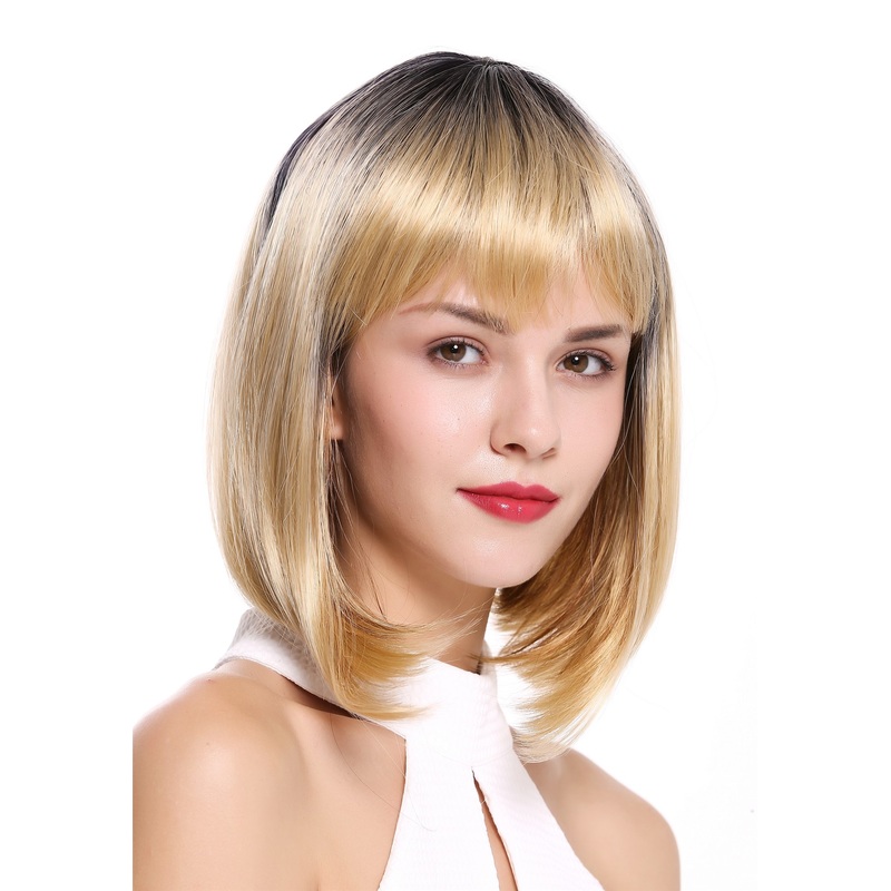 Lady wig Bob Longbob short sleek straight fringe bangs ombre black blond DW2140Q