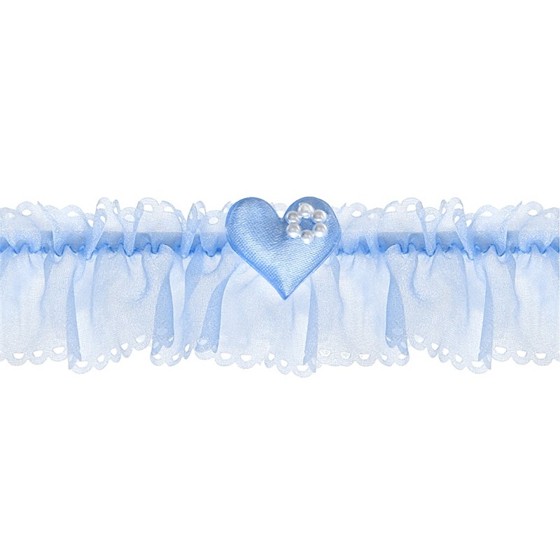 Blue chiffon garter with heart and pearls
