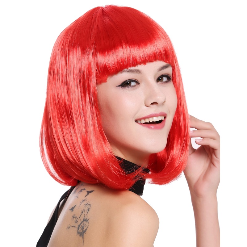 Lady Wig Halloween Carnival Disco bob longbob shoulder length bangs red 0073