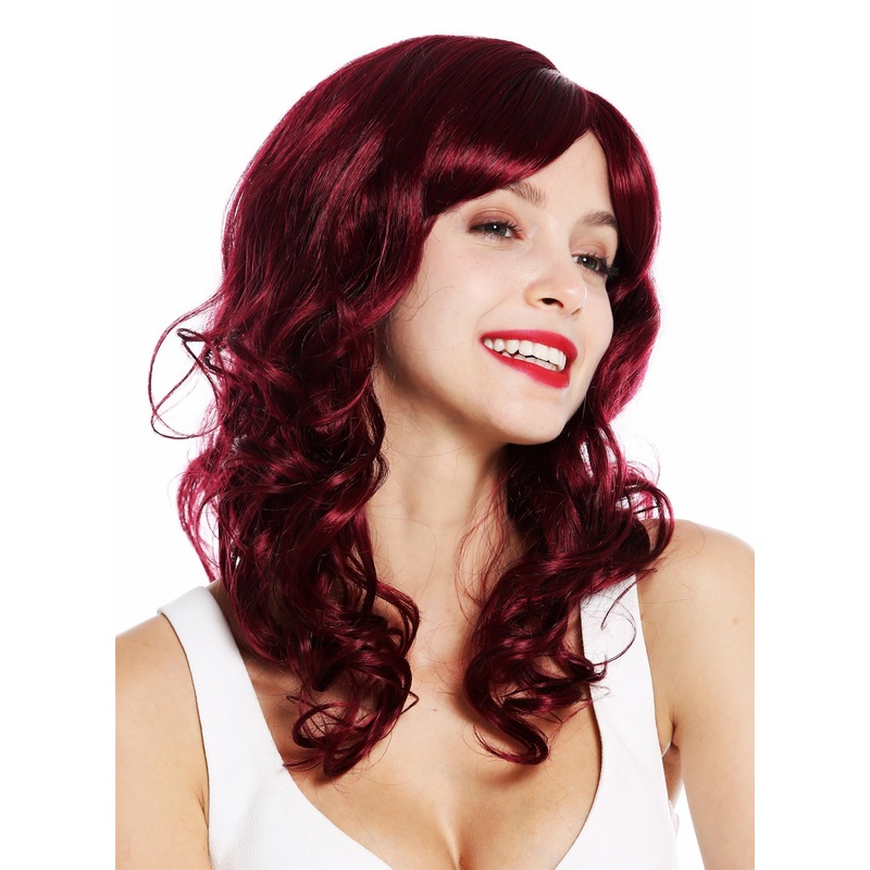 Lady wig long curls curled voluminous parted fringe classy diva dark red VK-46